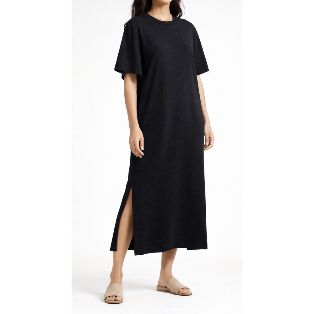 COS Black Cotton Midi Dress L Short Sleeve Side Slit Minimalist Modern Chic